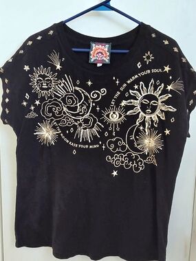 Johnny Was Black Tee with Gold Celestial Embroidery
